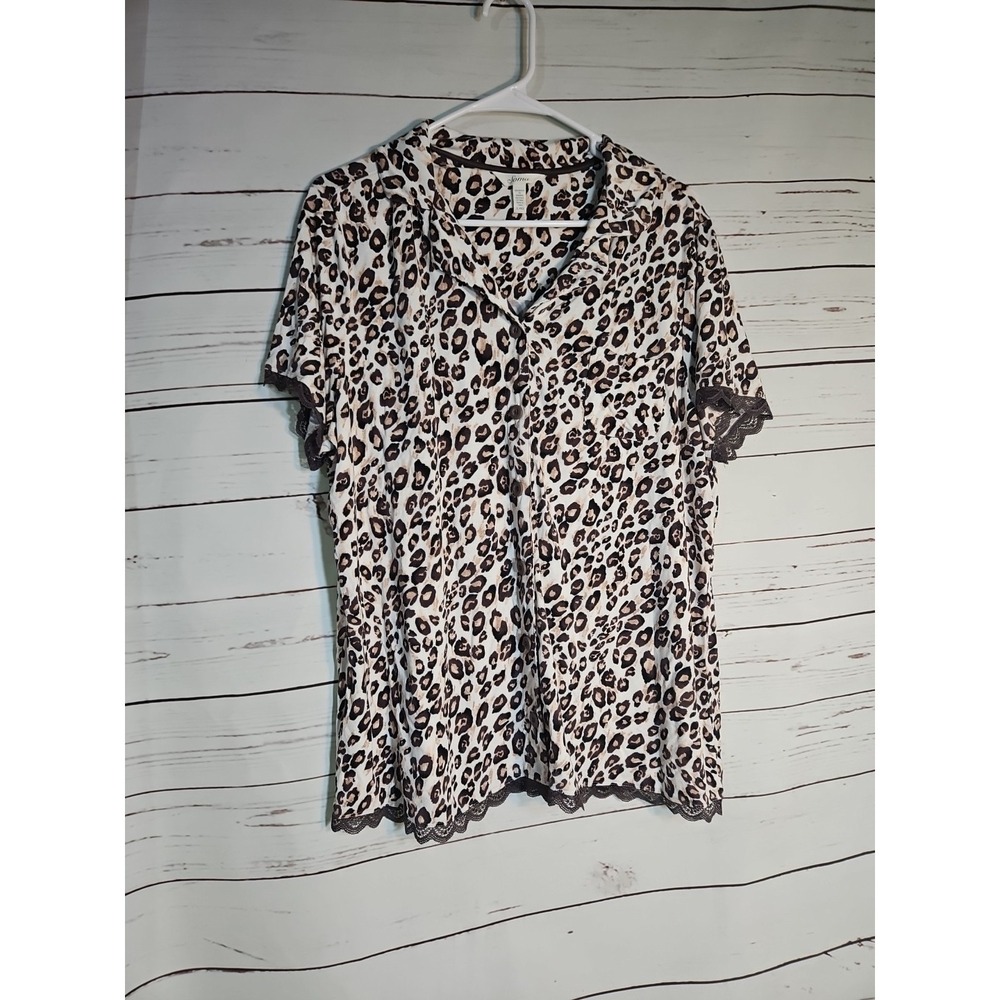 Soma Brown Animal Print Pajama Top Short Sleeve Lace Trim SZ M